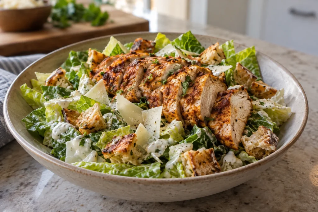 Close view of juicy sliced tikka-spiced chicken, romaine, Parmesan, creamy dressing, and crisp naan croutons