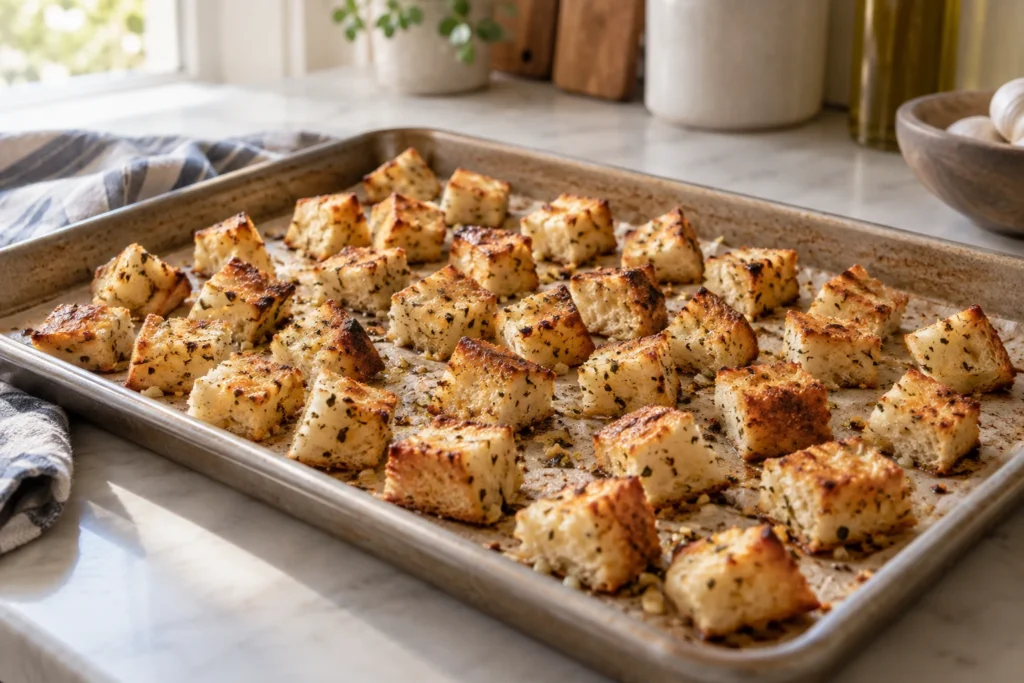 Garlic naan cubes turning golden and crisp on a sheet pan