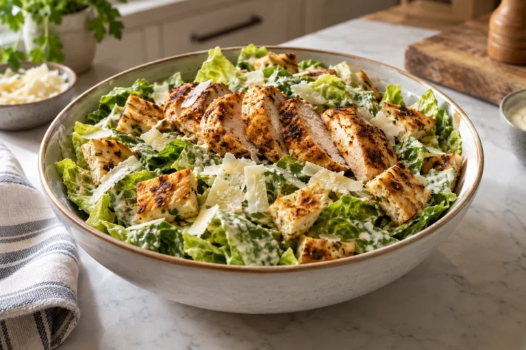Chicken tikka Caesar salad with sliced spiced chicken, crisp romaine, Parmesan, naan croutons, and creamy dressing