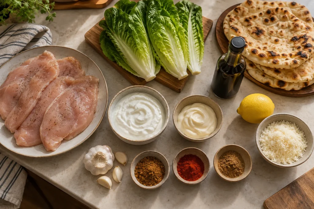 Chicken cutlets, romaine, garlic naan, Greek yogurt, mayonnaise, lemon, Parmesan, Worcestershire, garlic, and spices overhead