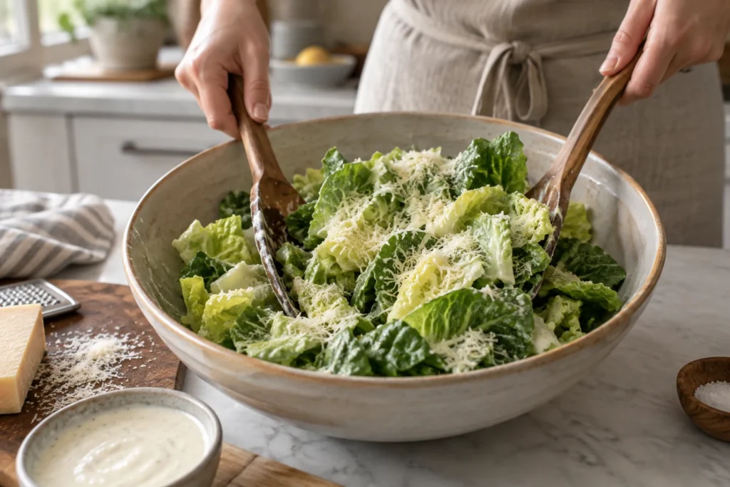 Dry romaine being tossed with thick yogurt Caesar dressing and Parmesan