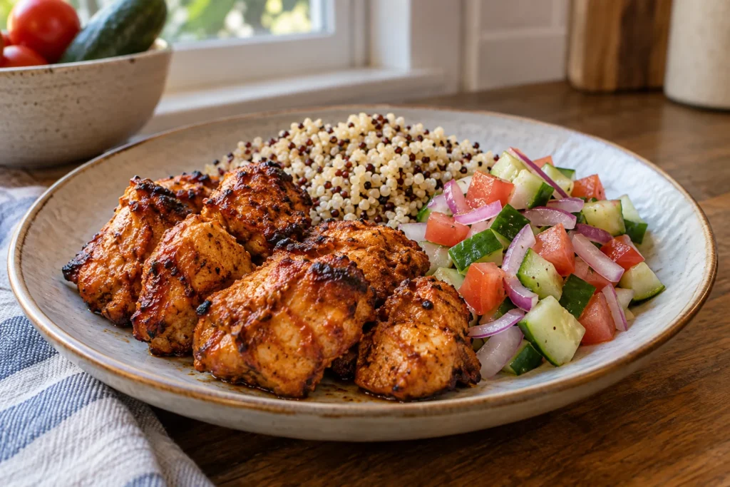 Juicy browned chicken tikka beside quinoa and crisp kachumber