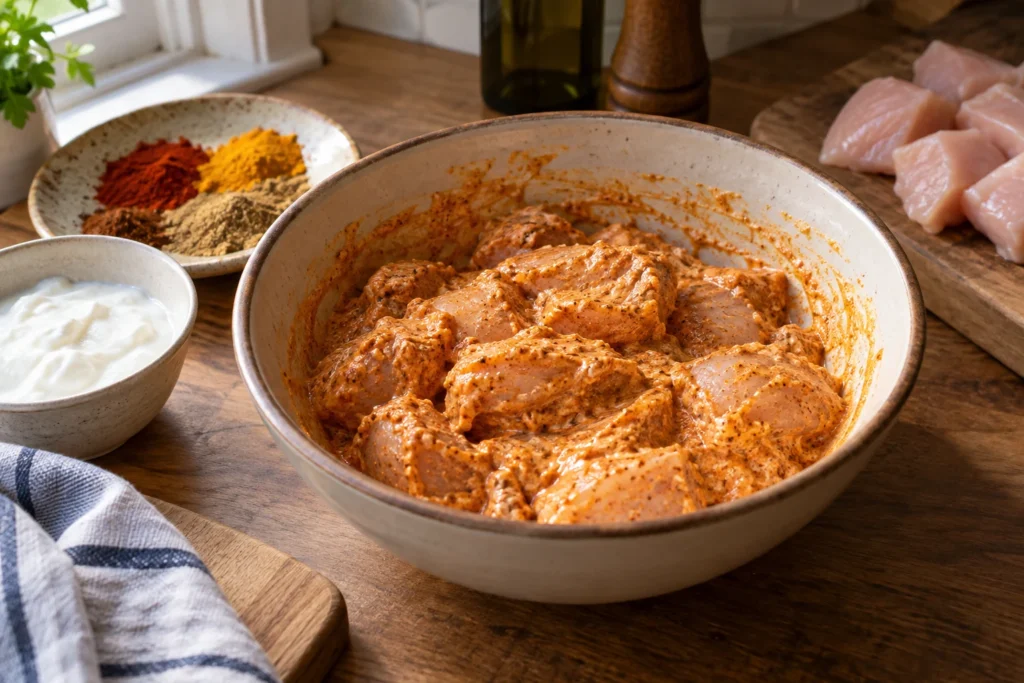 Chicken breast pieces lightly coated in yogurt and tikka spices