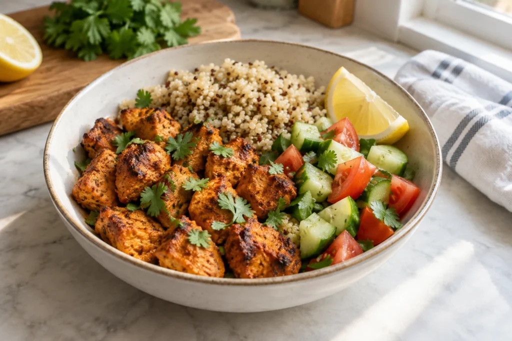 Meal-prep bowl with browned chicken tikka, fluffy quinoa, cucumber tomato salad, cilantro, and lemon