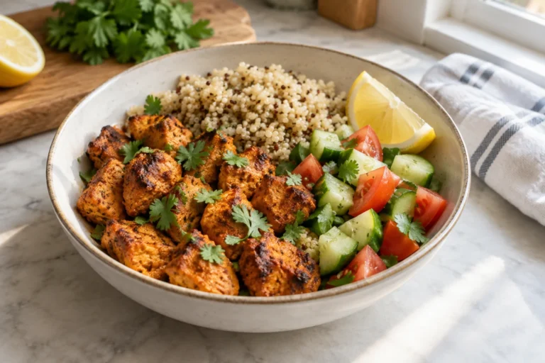 Meal-prep bowl with browned chicken tikka, fluffy quinoa, cucumber tomato salad, cilantro, and lemon