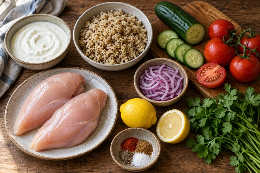 Chicken breast, Greek yogurt, cooked quinoa, cucumber, tomatoes, red onion, lemon, cilantro, and spices overhead