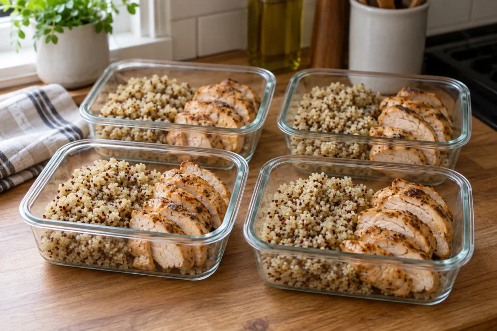 Quinoa and cooked chicken divided among four meal-prep containers