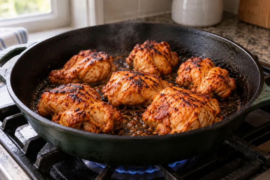 Chicken tikka pieces browning in one uncrowded skillet layer
