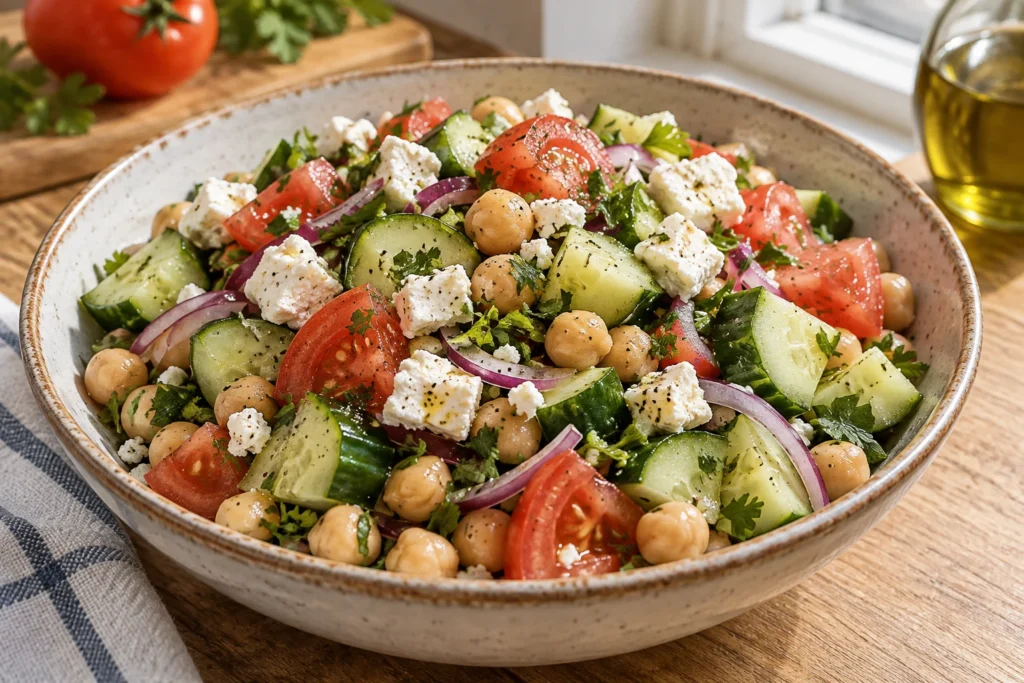 Crisp cucumber, chickpeas, tomato, feta, red onion, and herbs in close view