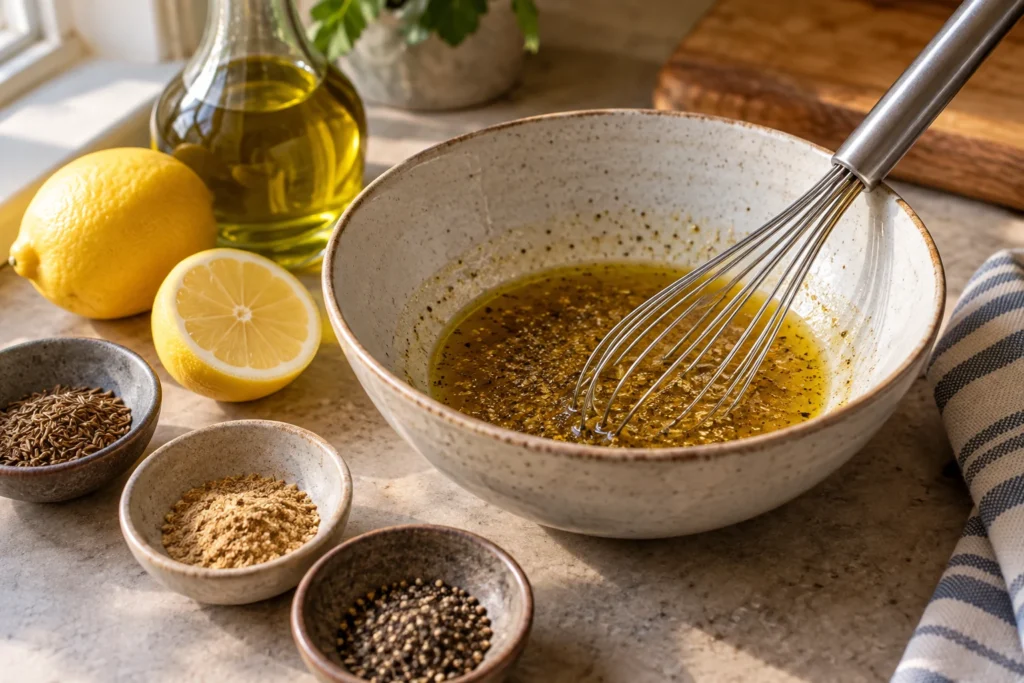 Olive oil, lemon, cumin, chaat masala, and pepper whisked in a bowl