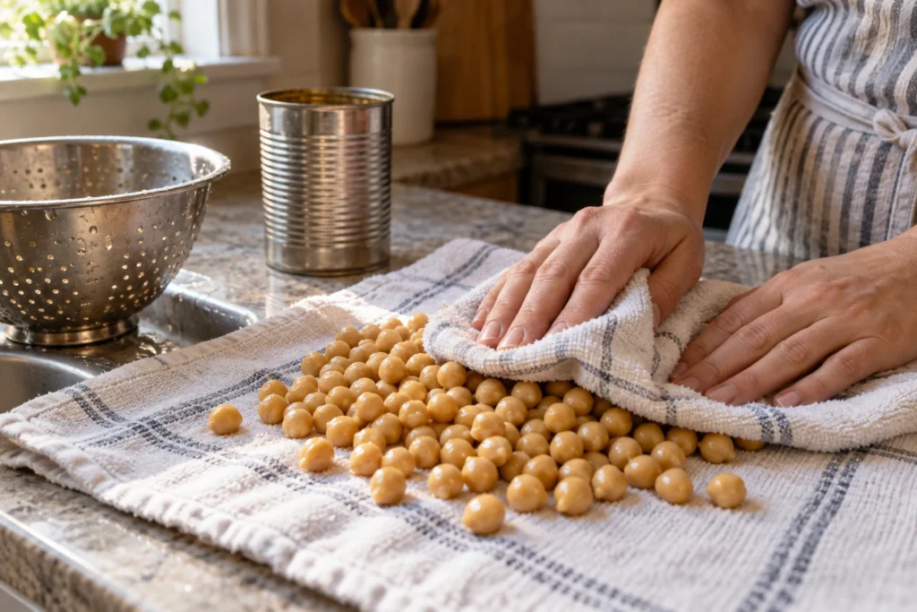 Rinsed canned chickpeas being patted dry on a towel