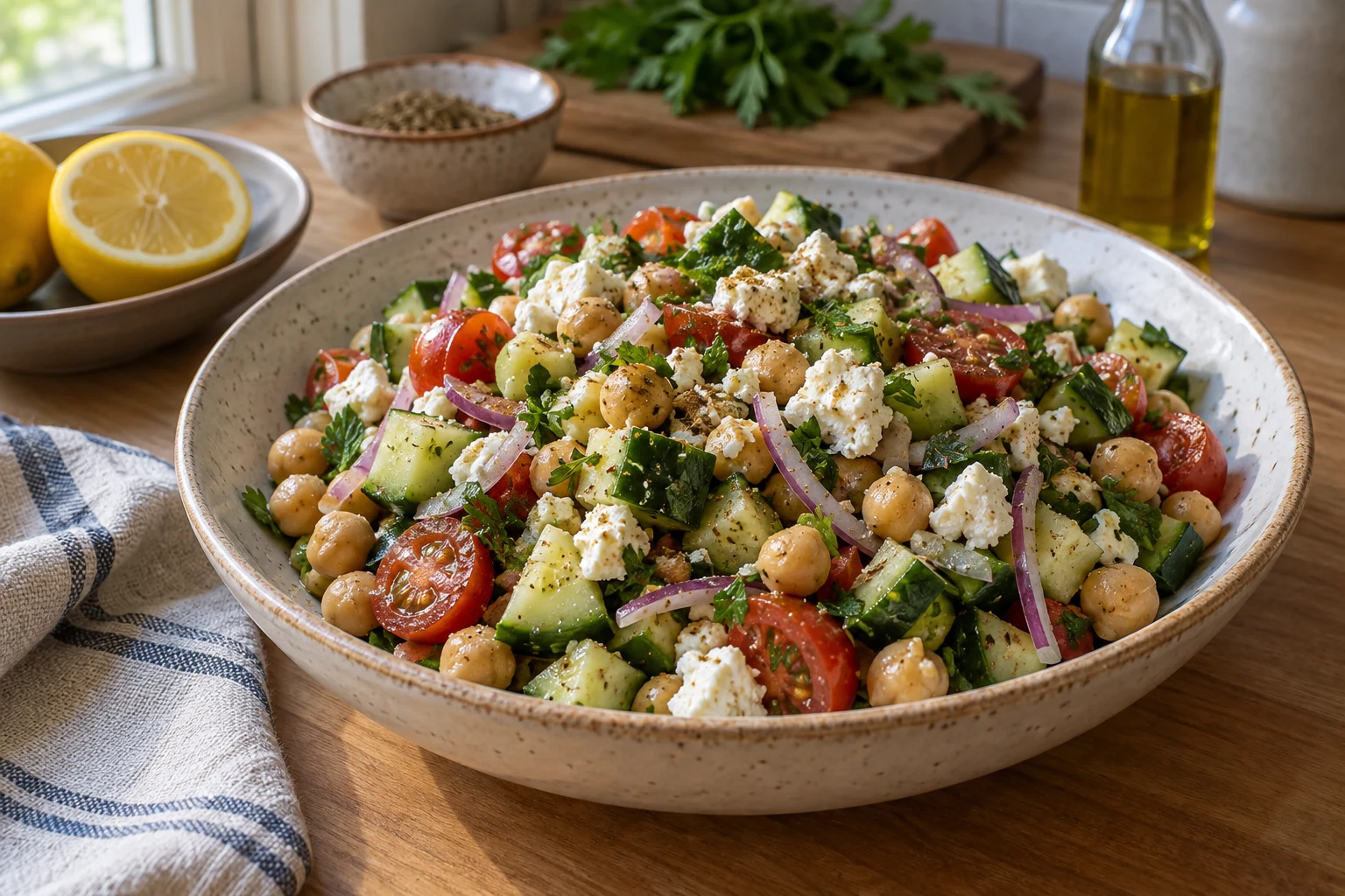 Chickpea salad with cucumber, cherry tomatoes, feta, red onion, herbs, lemon, and cumin