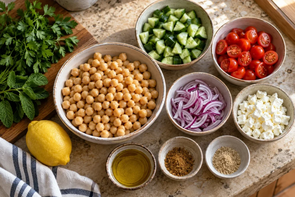 Canned chickpeas, cucumber, cherry tomatoes, feta, red onion, herbs, lemon, olive oil, cumin, and chaat masala overhead