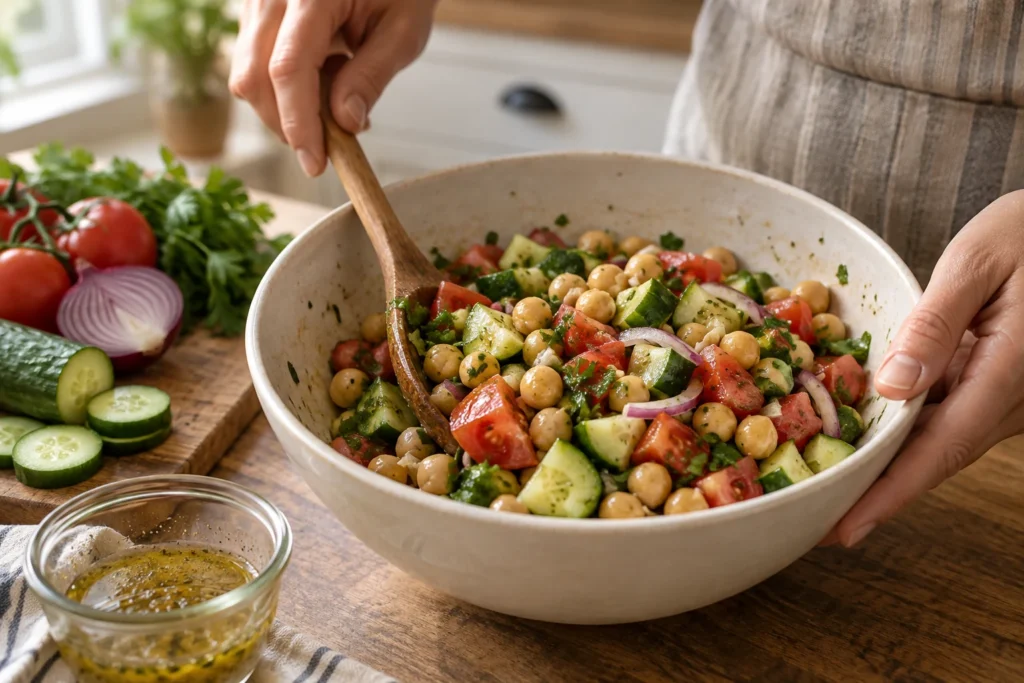 Chickpeas, cucumber, tomatoes, onion, and herbs being tossed with dressing