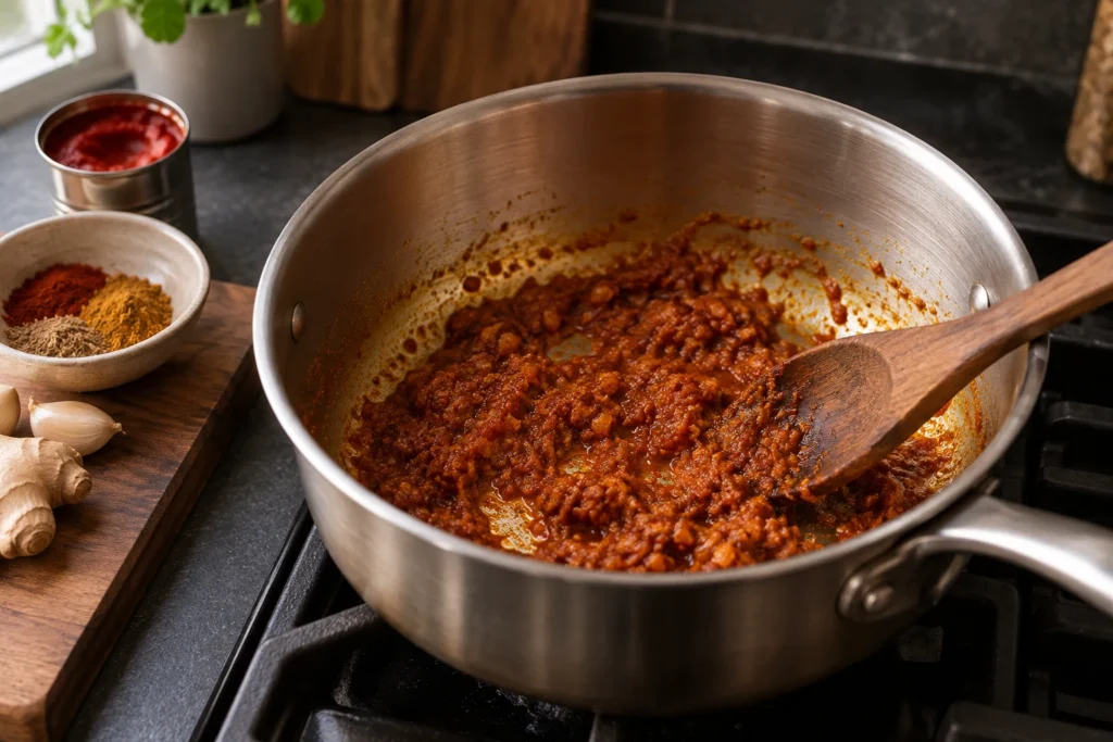 Ginger, garlic, tomato paste, and spices cooking in oil in a saucepan