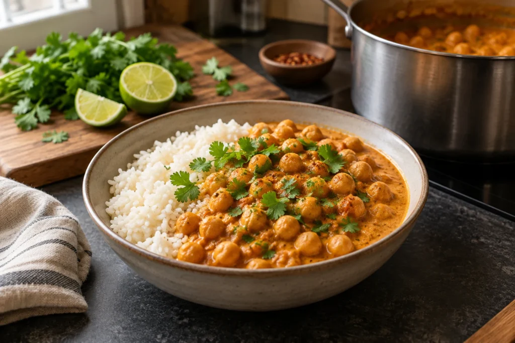 Close view of chickpeas coated in thick golden coconut sauce with cilantro
