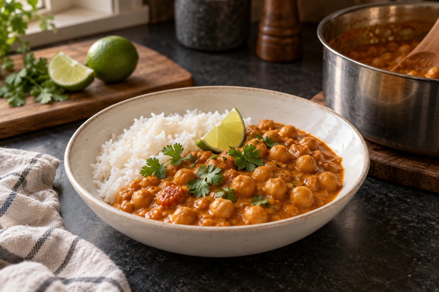 Creamy coconut chickpea curry in a bowl with rice, lime, and cilantro
