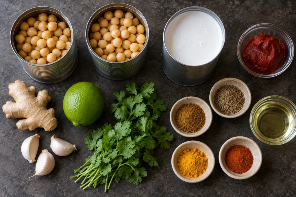 Canned chickpeas, coconut milk, tomato paste, ginger, garlic, lime, cilantro, and spices overhead