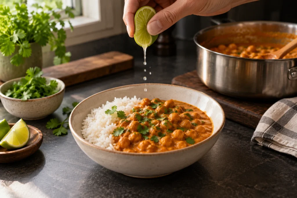 Fresh lime being squeezed over thick coconut chickpea curry off the heat