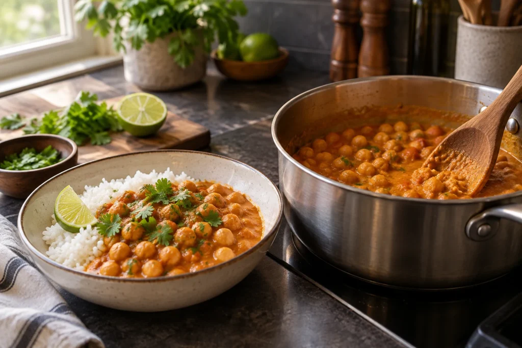 Wooden spoon lightly mashing some chickpeas in coconut curry sauce