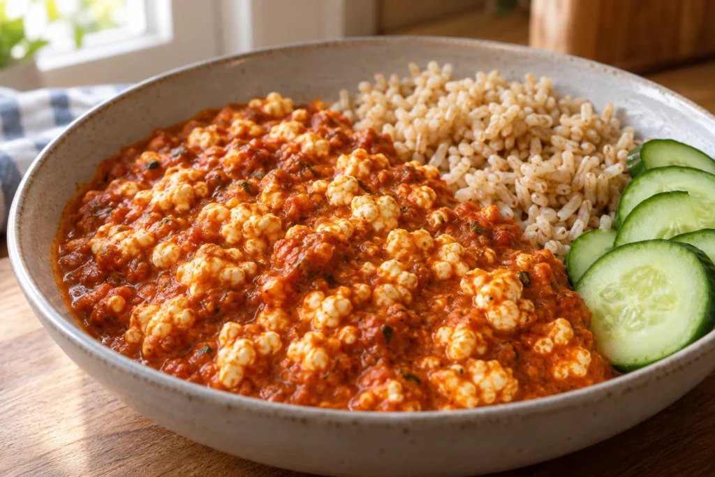 Plated cottage cheese tikka bowl with distinct spiced curds, steamed basmati rice, sliced cucumber, and fresh cilantro