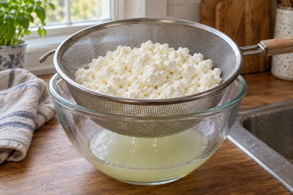 Large-curd cottage cheese draining whey in a fine mesh sieve over a stainless steel prep bowl