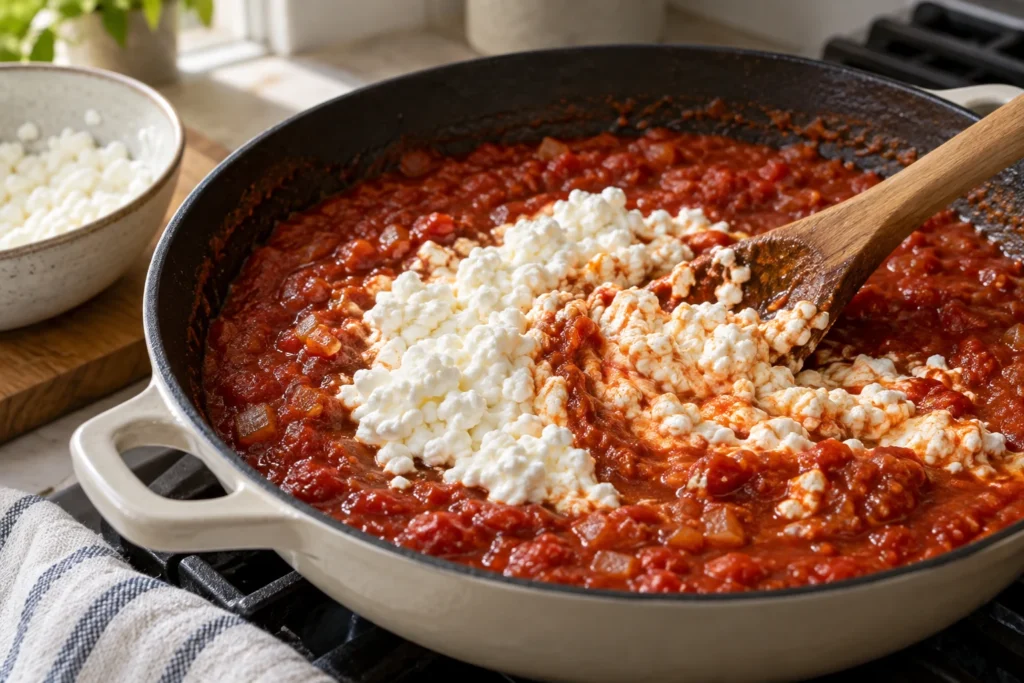Drained cottage cheese curds gently folded into hot tomato sauce with a silicone spatula
