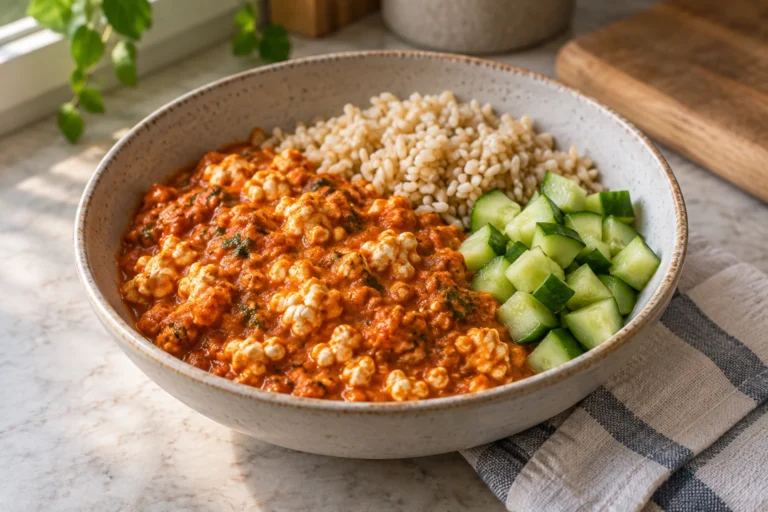 Cottage cheese tikka bowl with tomato sauce, brown rice, cucumber, cilantro, and lemon