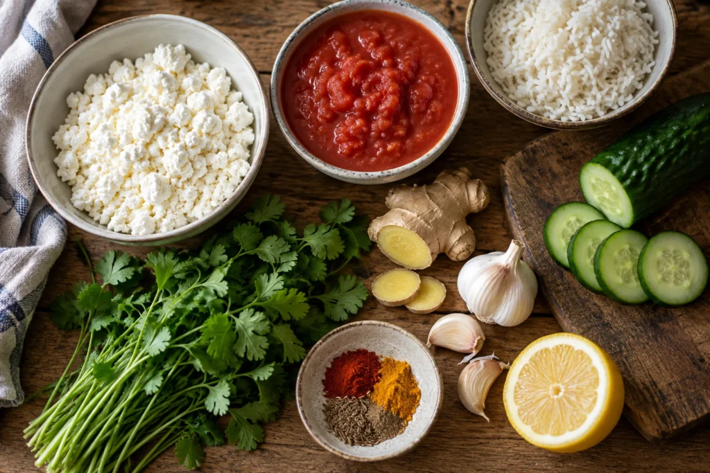 Bowls of dry-curd cottage cheese, crushed tomatoes, cooked basmati rice, Persian cucumber, garlic, ginger, and garam masala