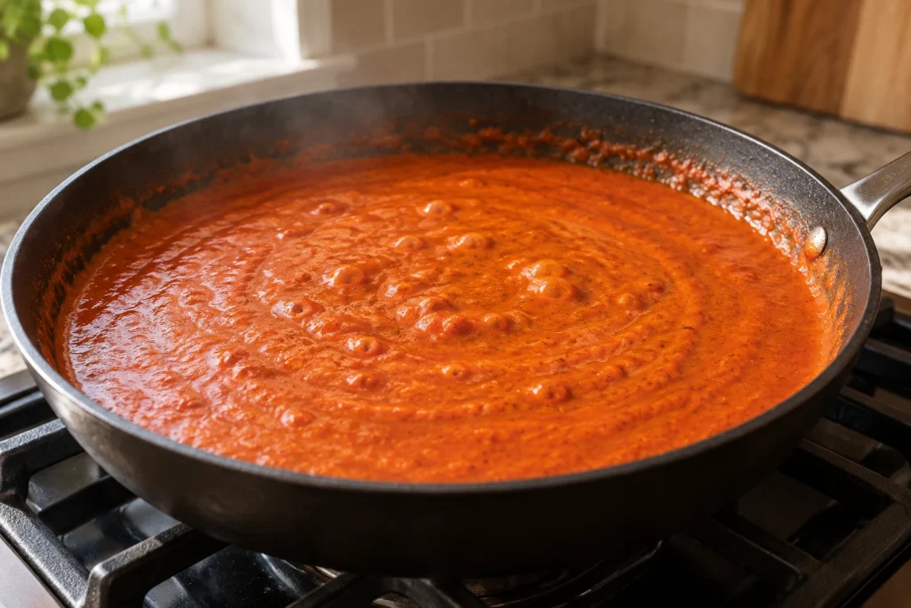 Rich spiced tomato tikka sauce simmering and reducing in a wide cast iron skillet