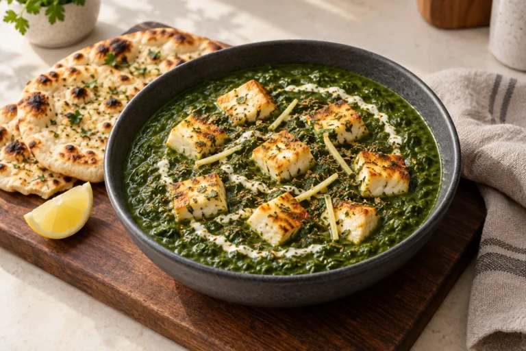 Emerald-green spinach curry with golden-seared paneer, cream, ginger, lemon, and garlic naan