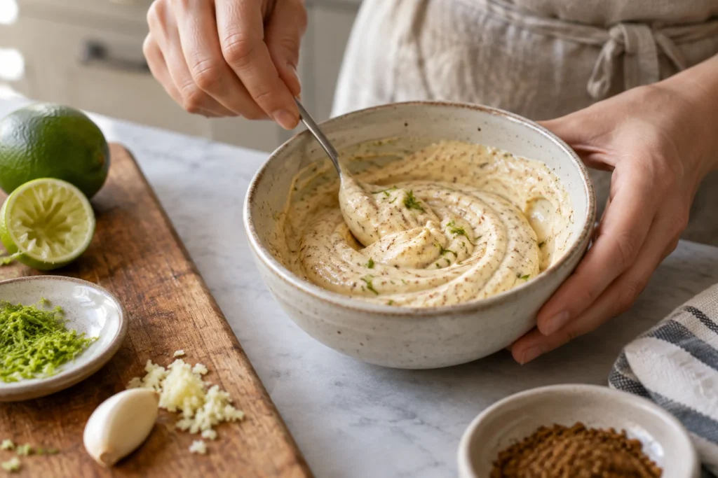 Creamy garam masala aioli with lime and garlic being stirred in a small bowl