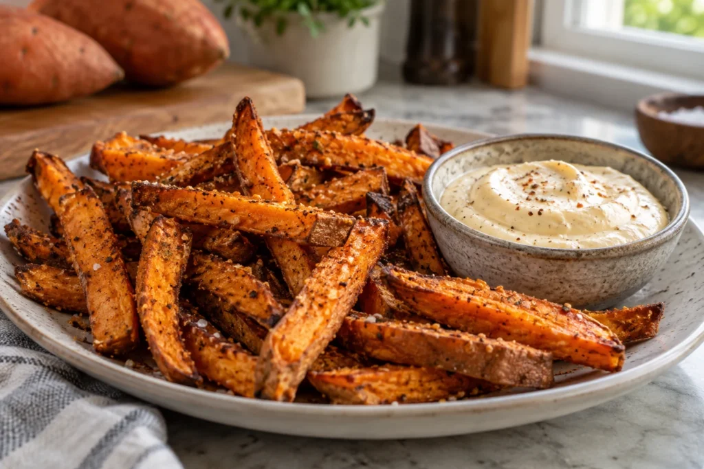 Close view of crisp orange sweet potato fries with visible spice and creamy aioli