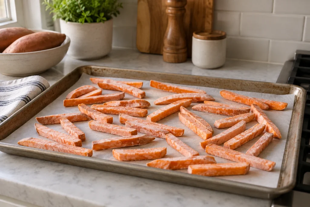 Frozen sweet potato fries spaced in one layer on a sheet pan before cooking