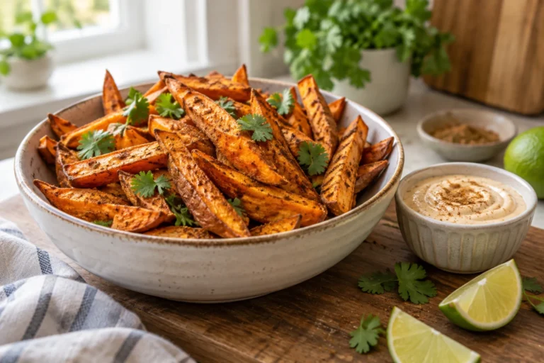Crispy sweet potato fries with garam masala aioli, cilantro, and lime wedges