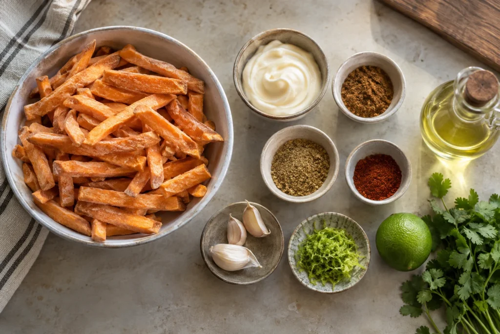Frozen sweet potato fries, mayonnaise, garam masala, cumin, garlic, lime, cayenne, and cilantro overhead