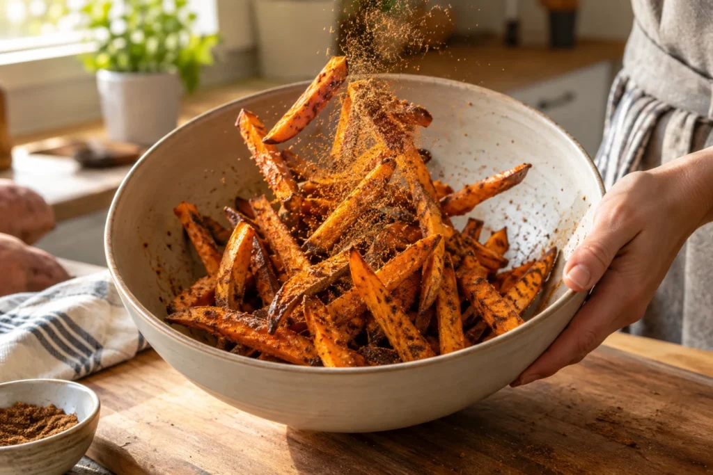 Hot crisp sweet potato fries being tossed with garam masala and cumin