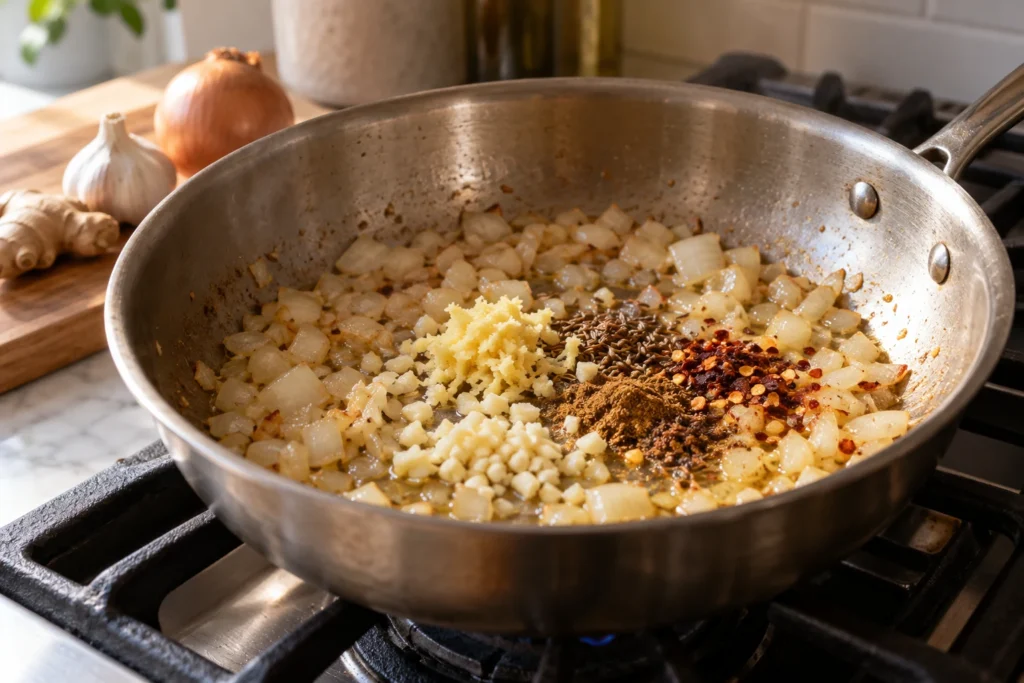 Onion, ginger, garlic, and spices cooking gently in a skillet