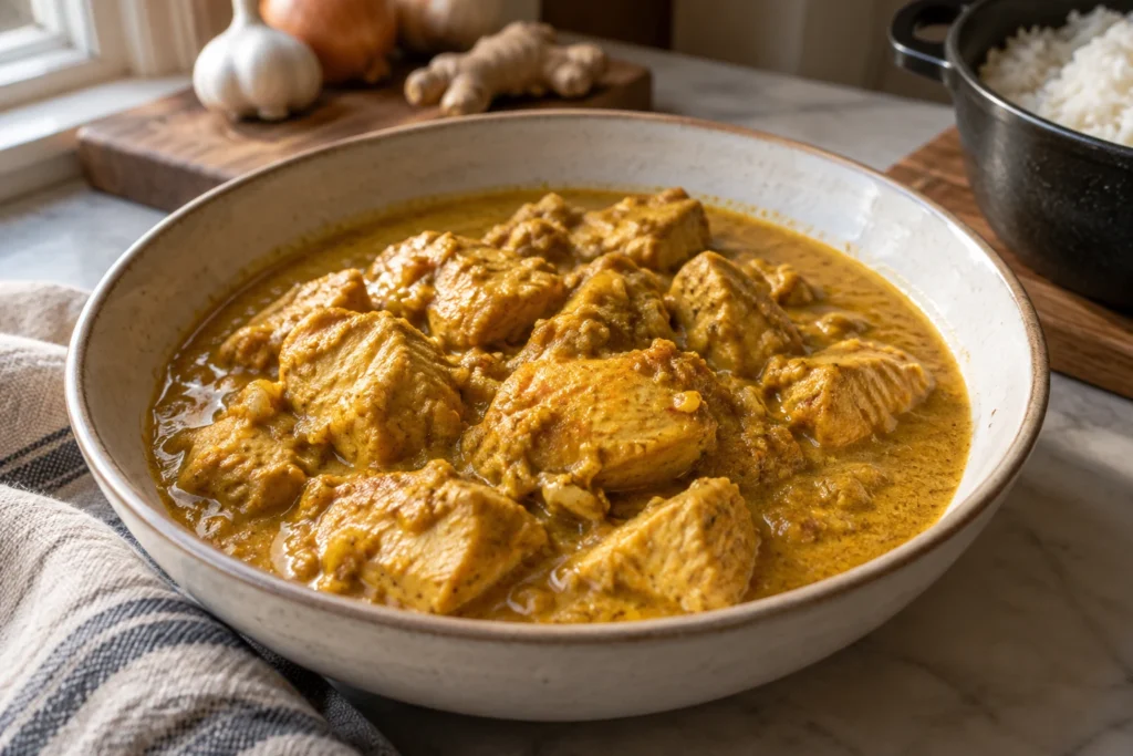 Tender chicken pieces in a smooth cream-free golden korma sauce