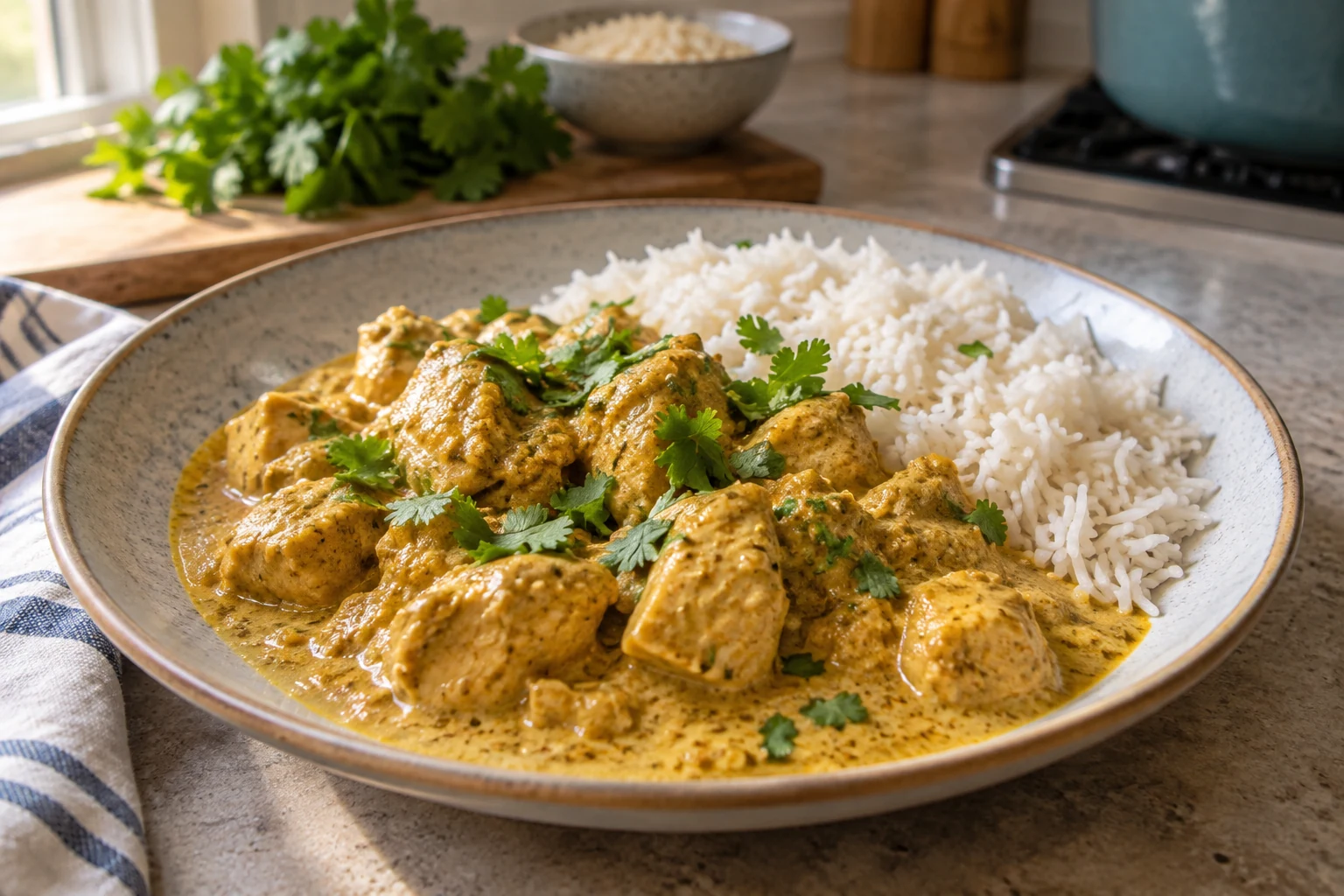 Creamy pale golden chicken korma with cilantro and rice, without heavy cream