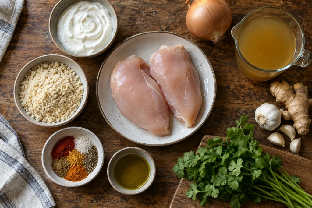 Chicken breast, Greek yogurt, almond flour, onion, broth, ginger, garlic, spices, oil, and cilantro overhead