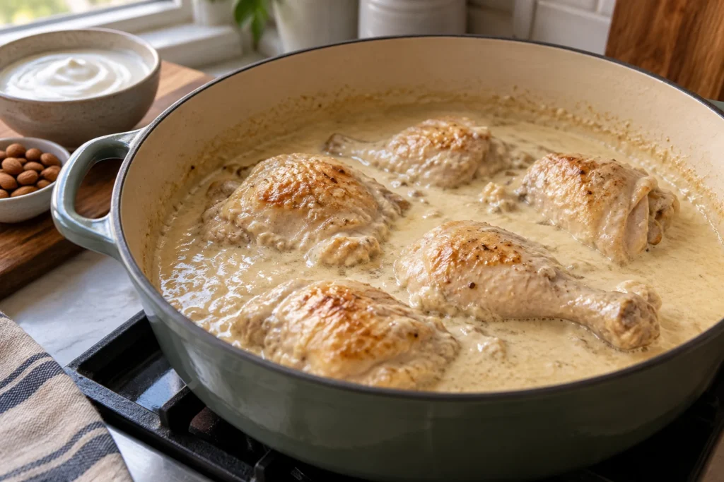 Chicken pieces simmering gently in smooth pale yogurt almond sauce