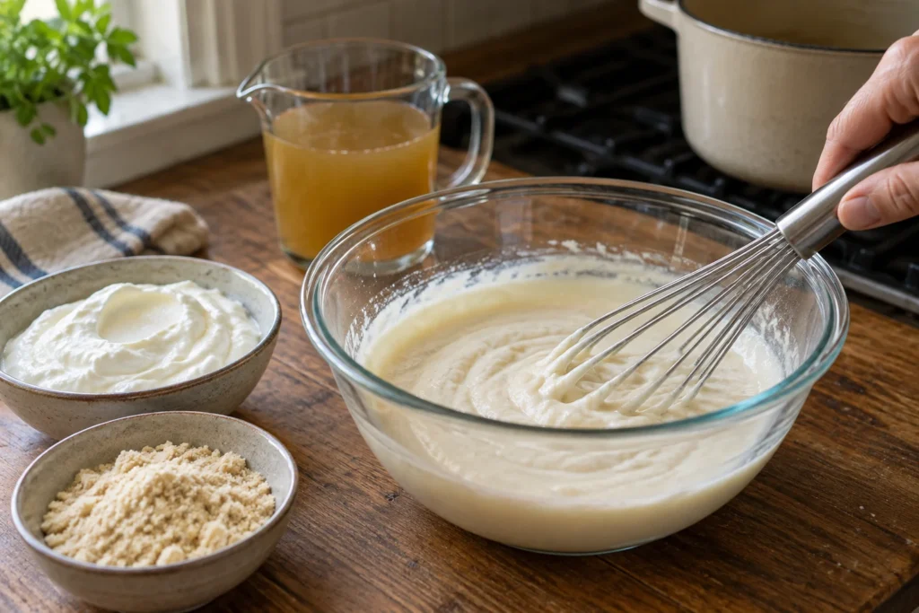 Greek yogurt and almond flour whisked smooth with broth