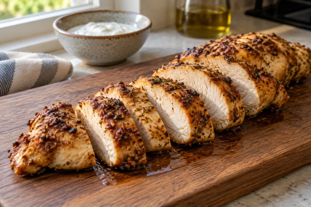 Sliced juicy chicken tenderloin with browned yogurt-spice crust