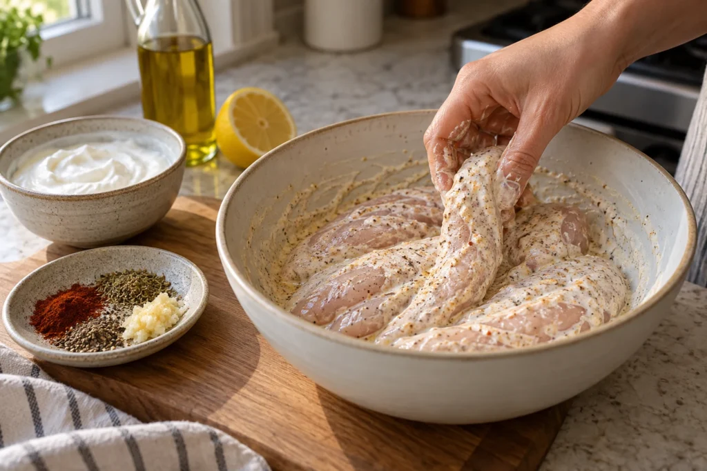 Chicken tenderloins receiving a thin spiced Greek-yogurt coating