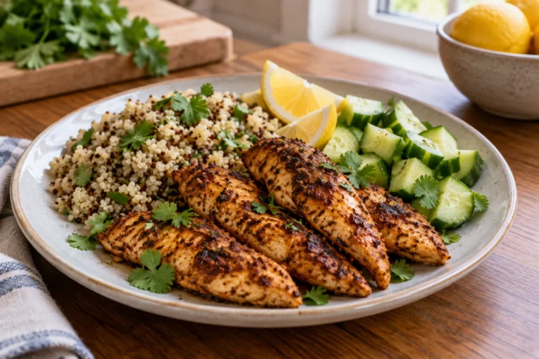 Browned Indian-spiced chicken breast tenderloins with lemon, cilantro, quinoa, and cucumber