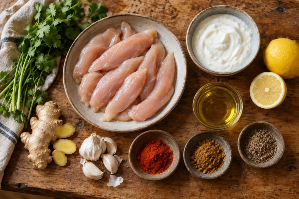 Chicken breast tenderloins, Greek yogurt, lemon, ginger, garlic, paprika, garam masala, cumin, oil, and cilantro overhead