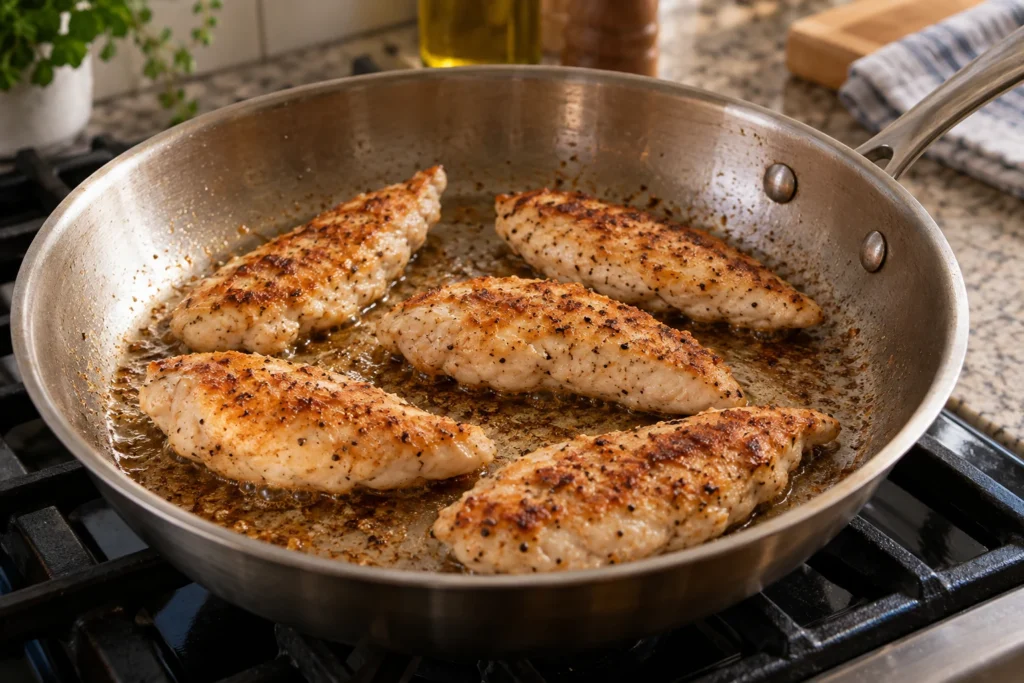 Chicken tenderloins browning in one uncrowded skillet layer
