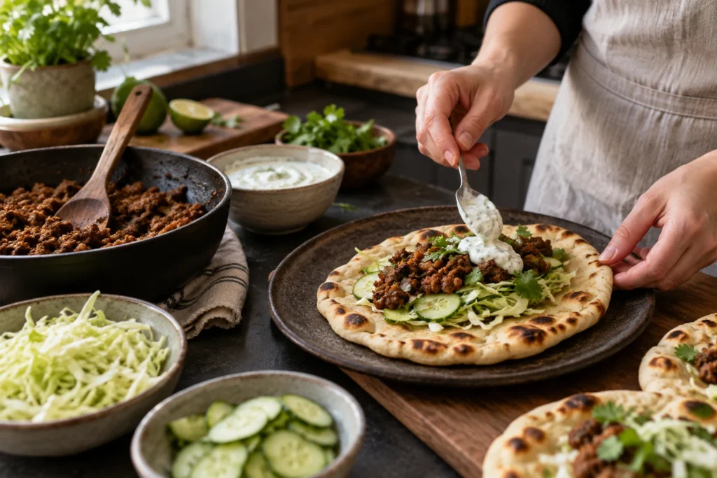 Warm garlic naan layered with cabbage, cucumber, spiced beef, and lime yogurt