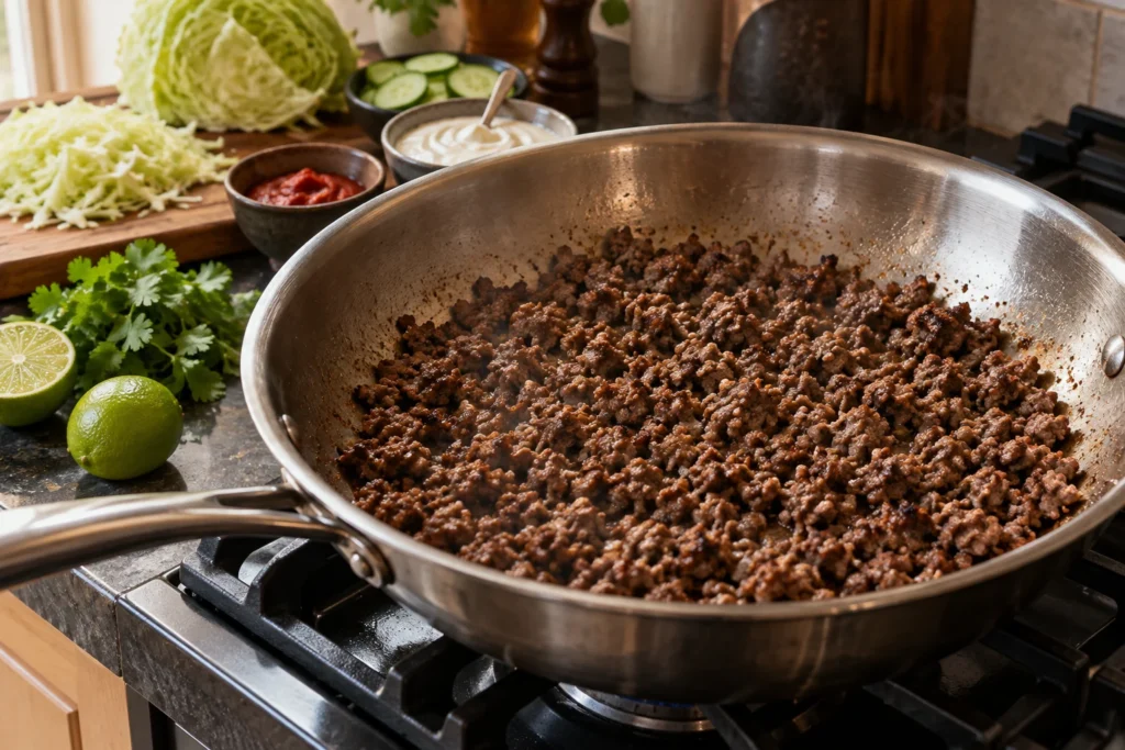 Ground beef browning in a wide skillet with crisp dark edges and no pooled liquid